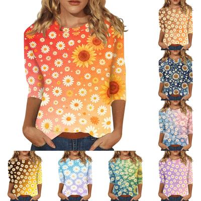 Women Casual Floral Print Three Quarter Sleeve Round Neck Shirt Lightweight Comfortable Top for Everyday Wear