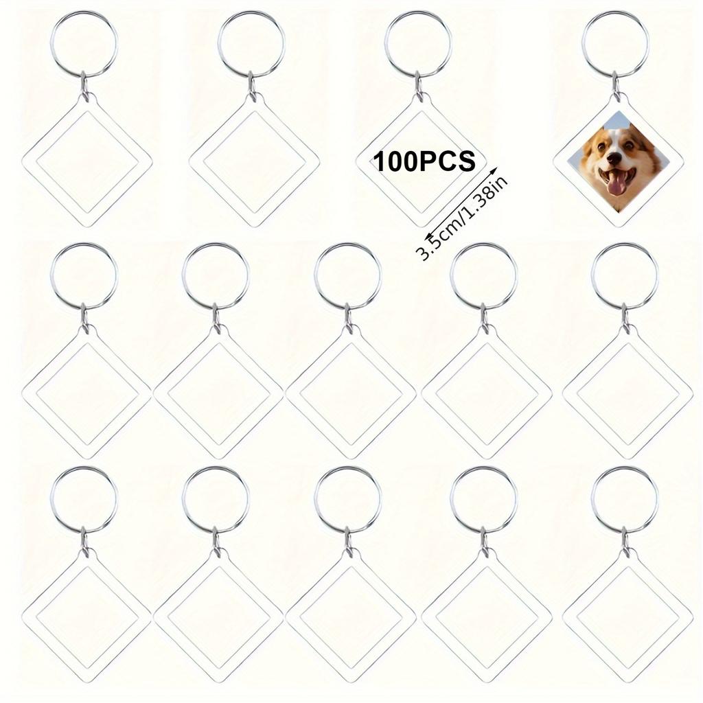 50/100pcs Clear Acrylic Photo Frame Keychains DIY 2D Picture Holders Frame Keychain Kit with Silvery Ring for Backpacks Car Keys