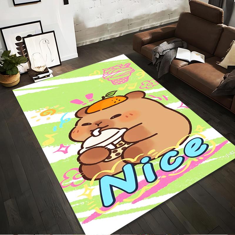 

Cute Cartoon Bear Eating Dessert on Green Background Carpet Suitable for use as an anti-slip for living room bedroom sofas 40x60cm( 15x23in )