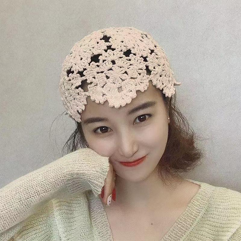 Fashion Flower Embroidery Hollow Crochet Knitted Hat French Retro Beanie Accessories