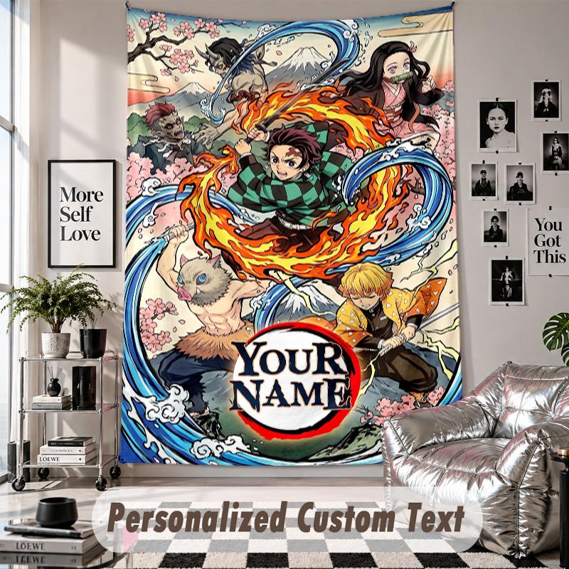 Wall Hanging Tapestry With Custom Name & Text, Demon Slayer Decorative Tapestry For Bedroom