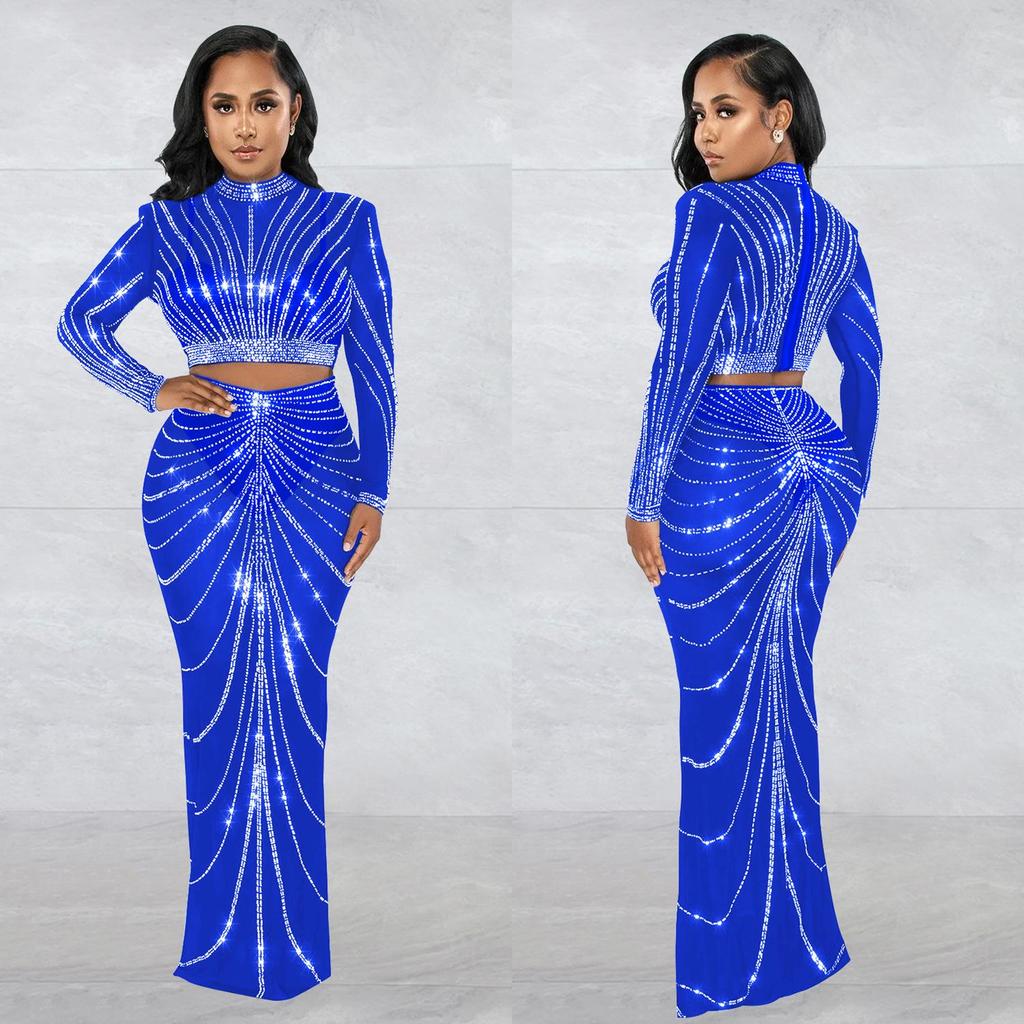 C6028 European & American Fashion Mesh Hot Drill See-through Long Sleeve Dress Two-piece Set for Women