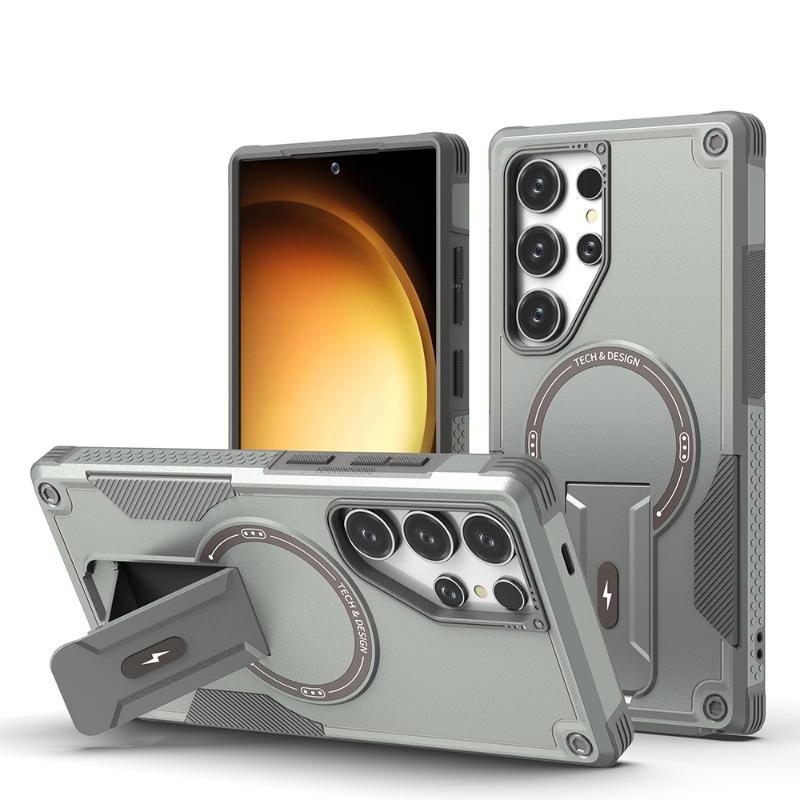 For Magsafe Magnetic Armor Shockproof Bracket Soft TPU+Solid Color Hard PC Phone Case For Samsung S25 Ultra S24 Ultra Plus Cover