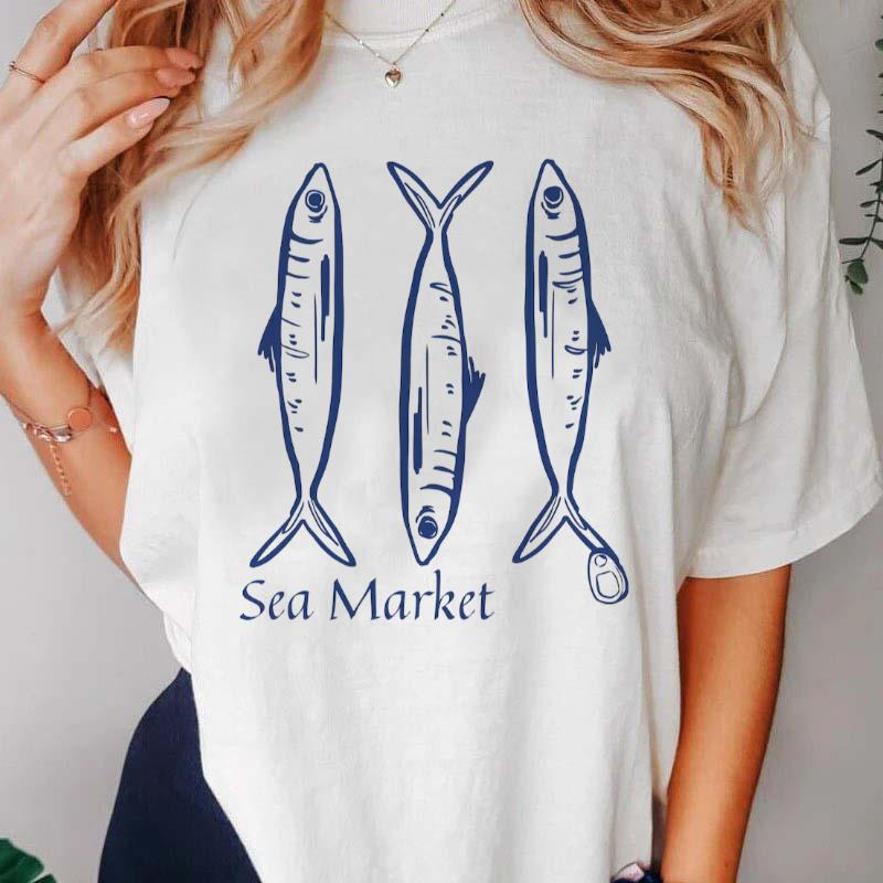 

Retro fish print Womens short sleeved round neck Tshirt for spring and summer fashion casual trend Womens Tshirt 4XL