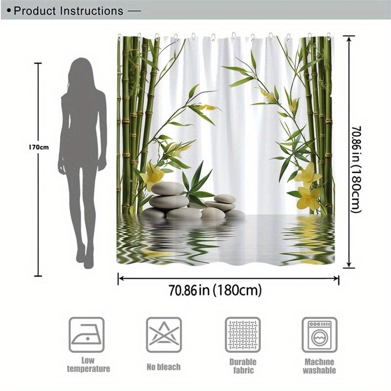 1-Pack Bamboo And Stone Shower Curtain, Green Bamboo, White Zen Stones, Yellow Flowers And Reflective Water Pattern, With Hook