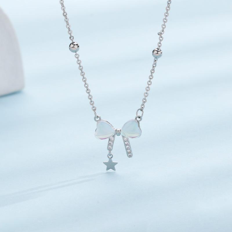 Halskette aus S925er Sterlingsilber mit hochwertiger, super funkelnder Diamant-Sternschleifen-Halskette, süße und farbenfrohe Liebes-Mondlicht-Steinschloss-Knochenkette