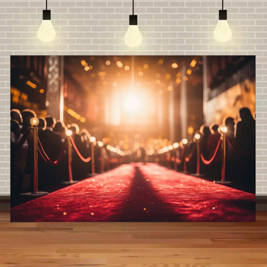 Fondo Fotografico Tappeto Rosso di Hollywood, Tema Uscita Film e Premio Oscar, Fondo Fotografico Focalizzato sull'Oro, Decorazioni per Eventi e Palchi