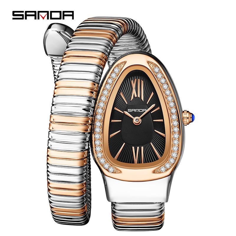 SANDA Women's Luxury Snake Head Bracelet Watch with Roman Mother-of-Pearl Dial, Diamond Accents, English Two-Hand, 30M Water Resistant.