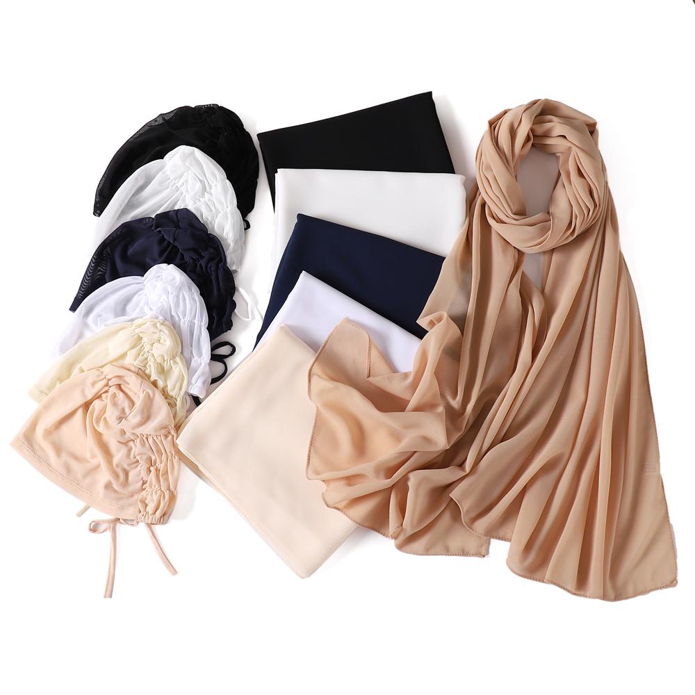 2 Piece Set High Quality Pearl Chiffon Scarf With Spandex Inner Cap Hijab Solid Color Woman Chiffon Headscarf Matching Undercap