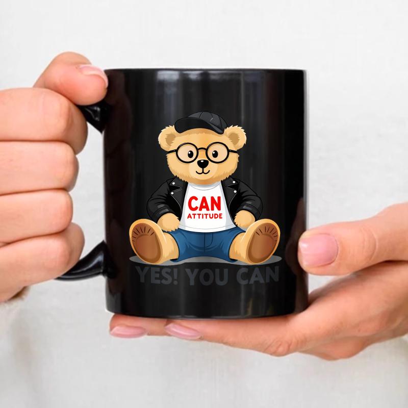 Ceramic mug, black, cute bear with glasses and jacket, with attitude text  Yes you can  inspirational design, suitable for coffe чёрный