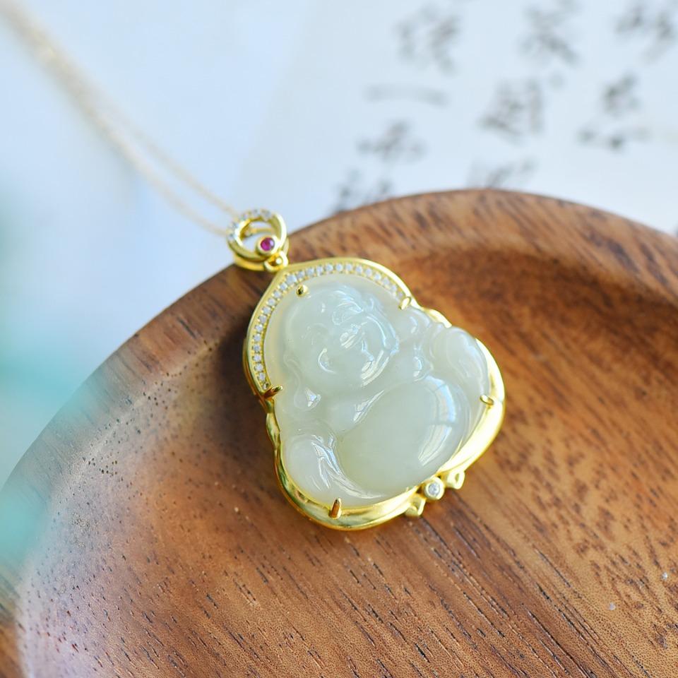 Natural Hotan Jade S925 Silver Inlaid Blue White Jade Big Belly Maitreya Buddha Pendant Necklace for Women with Certificate