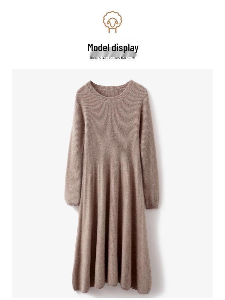 Women's Slim Fit Waist-Cinching Over-the-Knee Knitted Wool Dress - Autumn/Winter Base Layer, Round Neck, New Style
