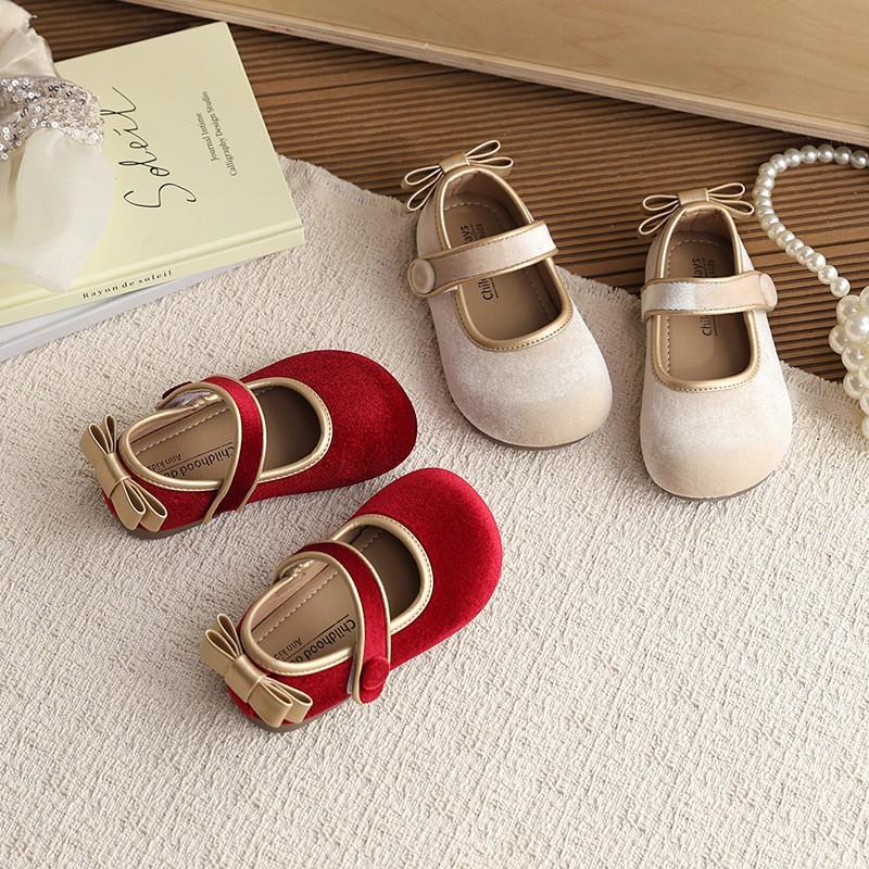 Girls Velvet Mary Janes With Bow Button Detail Soft Sole Flat Shoes Toddlers Kids