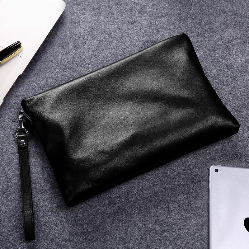 Men Genuine Top Grain Leather Envelope Clutch Bag Large Capacity Soft Leather Hand Pouch For IPad Documents L чёрный