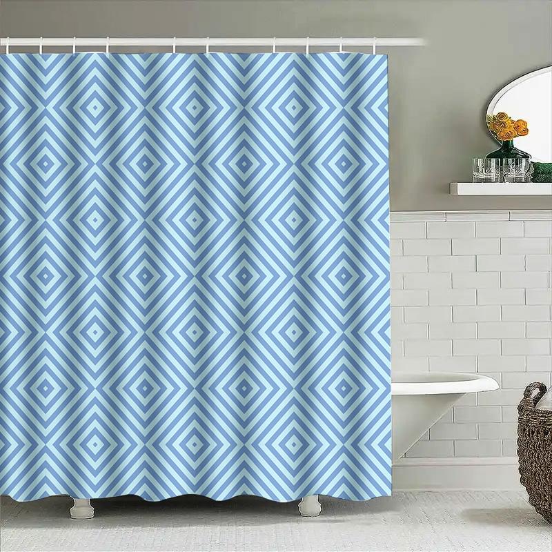 Blue White Geometric Shower Curtain For Bathroom Decoration Waterproof Polyester Fabric With Hook Rings (Size: 69X70 Inches)