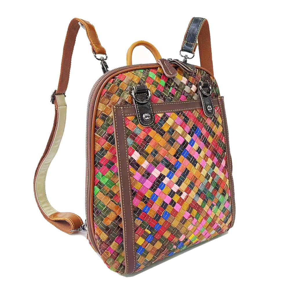 Mochila de couro Wind Lady, mochila colorida feita à mão, bolsa feminina retrô de couro de vaca de 10 polegadas