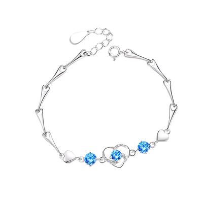 S999 Pure Silver Bracelet Korean Micro-Inlaid Love Shaped Purple Diamond Women's Bracelet Korean Style Fresh Bamboo Bracelet for Women
