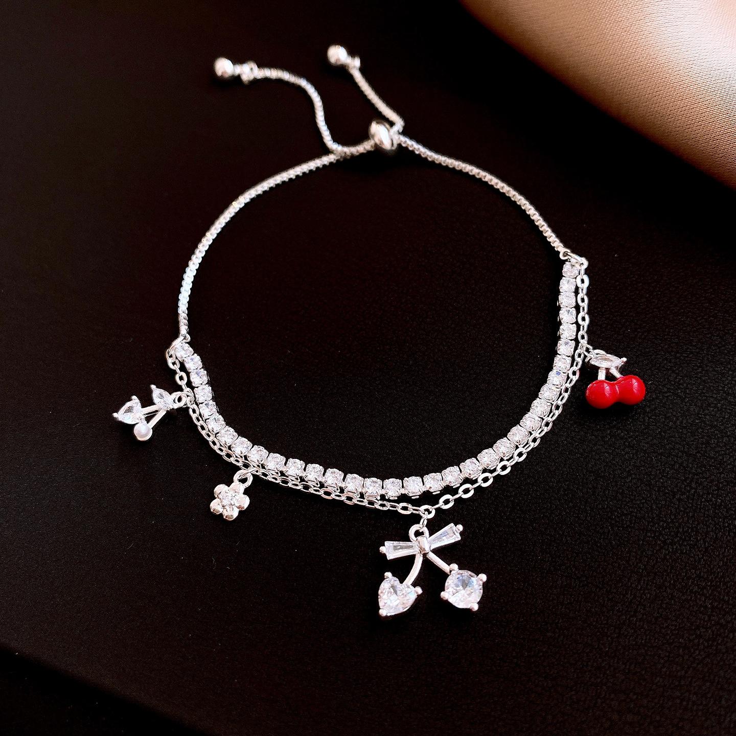 Korean sweet and simple zircon double-layer cherry pendant bracelet light luxury bracelet exquisite jewelry women