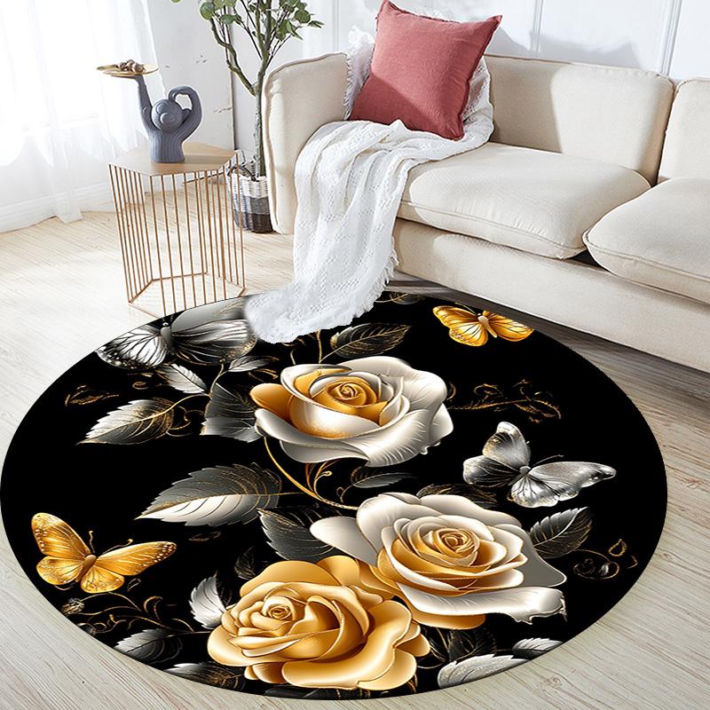 Golden Roses and Butterflies Round Area Rug,Carpet Rug for Living Room Bedroom Sofa Playroom Decor,Non-slip Floor Mat