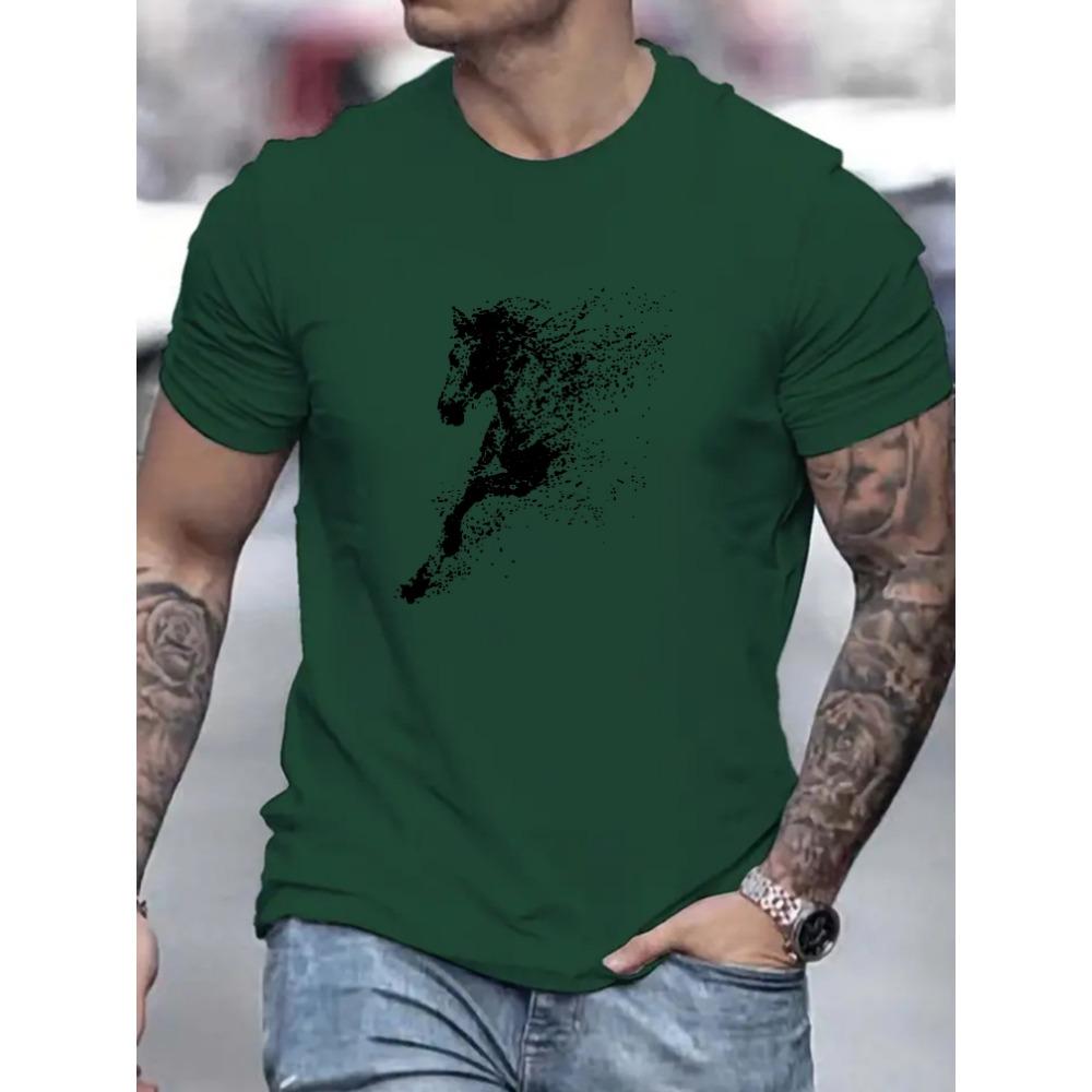 Men's Summer Fashion Casual Loose Big Black Horse Pattern Printed Round Neck Short Sleeve T-shirt Top