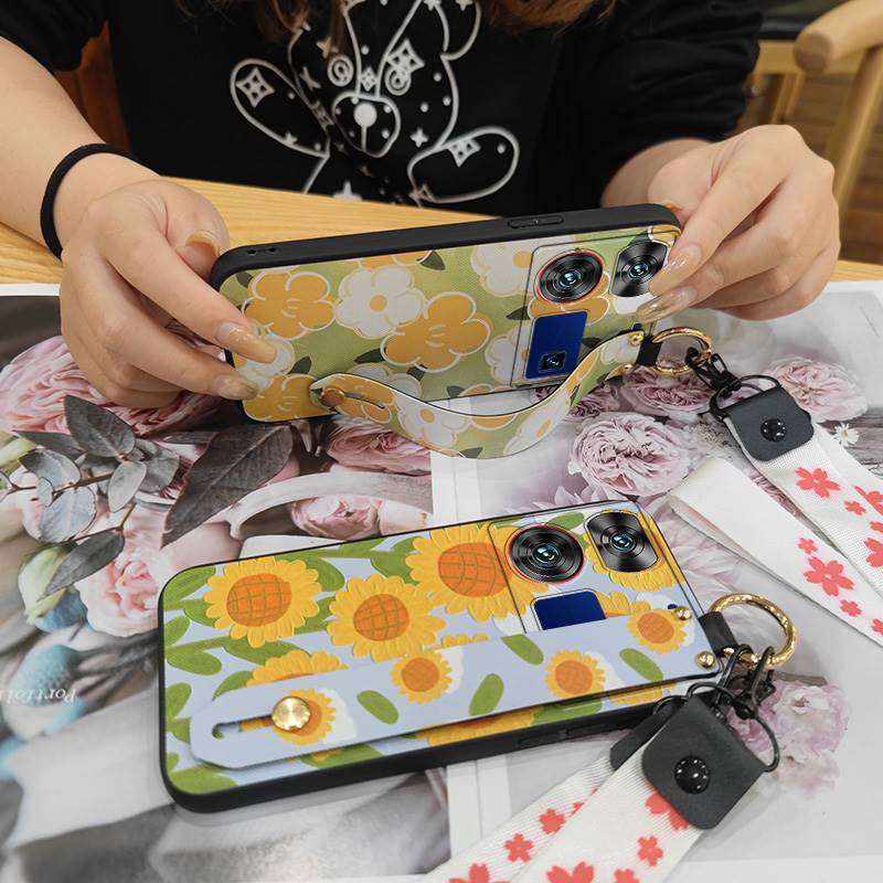 Waterproof Kickstand Phone Case For ZTE Nubia Z60 Ultra Oil Painting Soft case Fashion Design Flower Anti-knock Lanyard