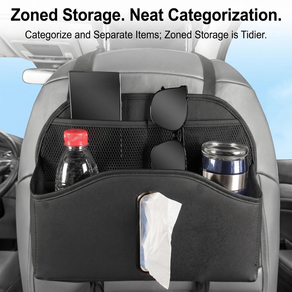 Jfbonin Universal Car Backseat Organizer Pu Leather Seat Back Storage Bag With Tissue Box, Water Bottle Holder, Hooks For Car