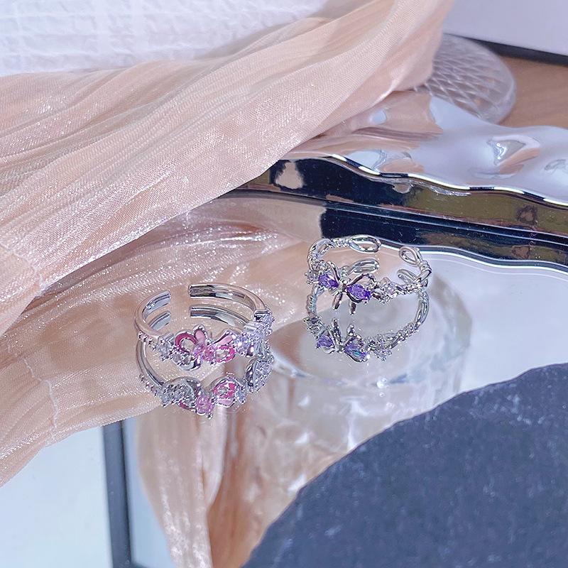 Lila Inkrustierter Zirkon Gestapelte Schleife Offener Ring Leichter Luxus Hoher Sinn Exquisiter Nischenring Damenmodell