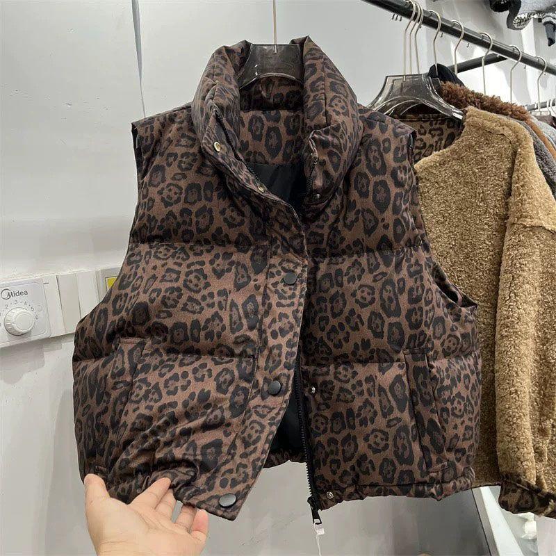 Mode Leopardenmuster Kurze Weste Stehkragen Warm Ärmellose Jacke Damen Oberbekleidung Herbst Winter