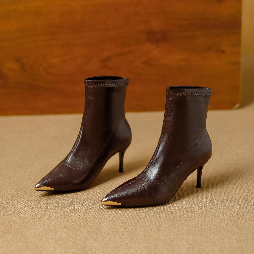 Metallic Pointed Toe Stiletto Ankle Boots - European & American Style 2025, Autumn Nude Slimming Fashion