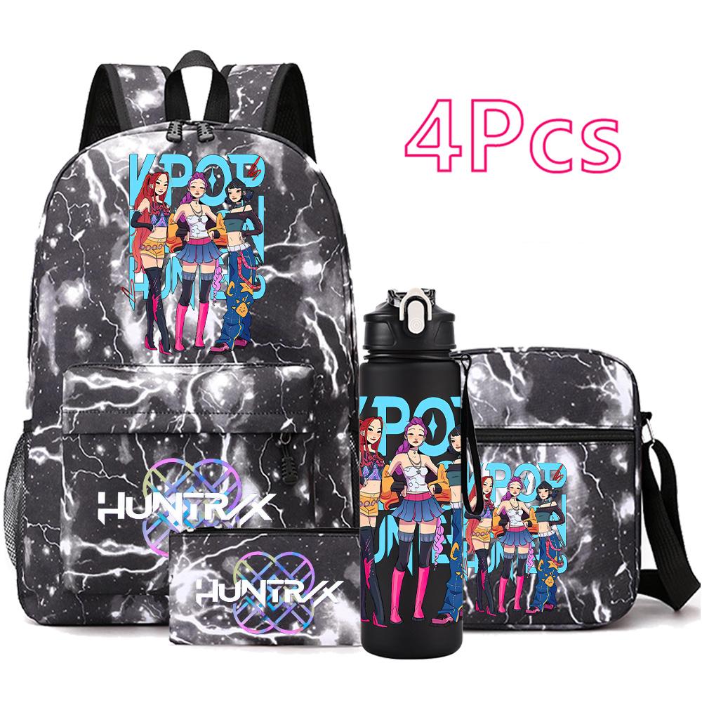 4-teiliges/Set Anime Niedlich K-Pop Bedruckter Rucksack mit 750 ml Wasserflasche für Teenager Schüler Mädchen Junge Schultasche Kindergeschenk Große Kapazität Reisetasche Mochila