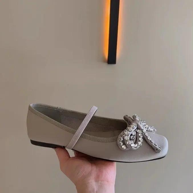 Fashion French Chic Butterfly Knot Flat Heel Women's Shoes Versatile Diamond Embellished Fairy Tale Style Spring Summer Evening Shoes