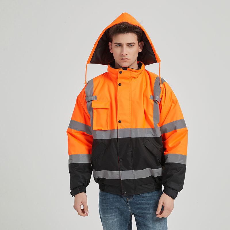High Visibility Safety Bomber Jacket for Men Fall Winter Coat With Hood Men's Outdoor Work Waterproof 300D Oxford Bomber Jackets With Eflective Strips