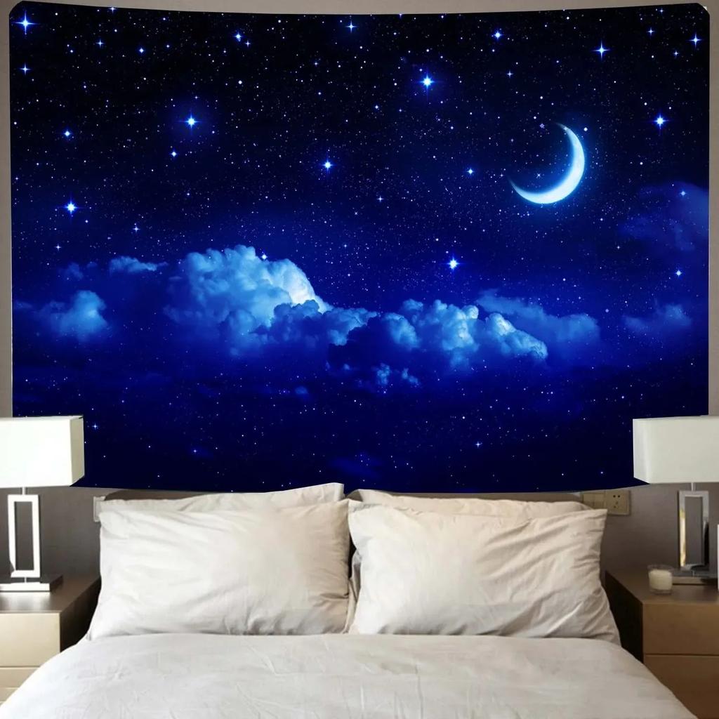 Suitable For Bedroom Wall Decoration Starry Sky Moon Tapestry Blue Starry Night Galaxy Universe Large Fabric Wall Hanging