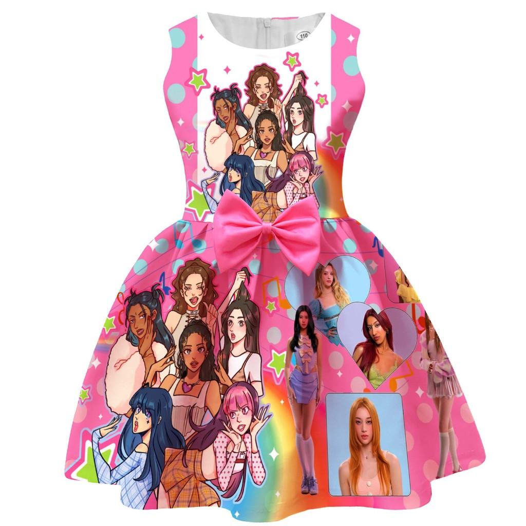 94246 Kid Girls KATSEYE Printed Princess Casual Bow Dress 110cm розы красного