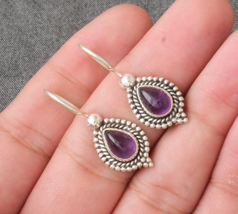 

Solid 925 Sterling Silver Amethyst Gemstone Boho Designer Handmade Dangle Earring