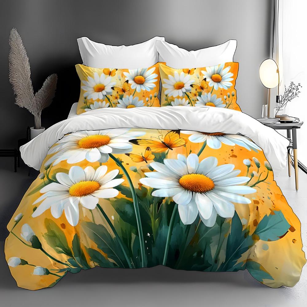 Daisy Butterfly Bedding Set Yellow Watercolor Floral Duvet Cover Set Soft Microfiber Quilt CoverPillowcase Home Textile Bedroom