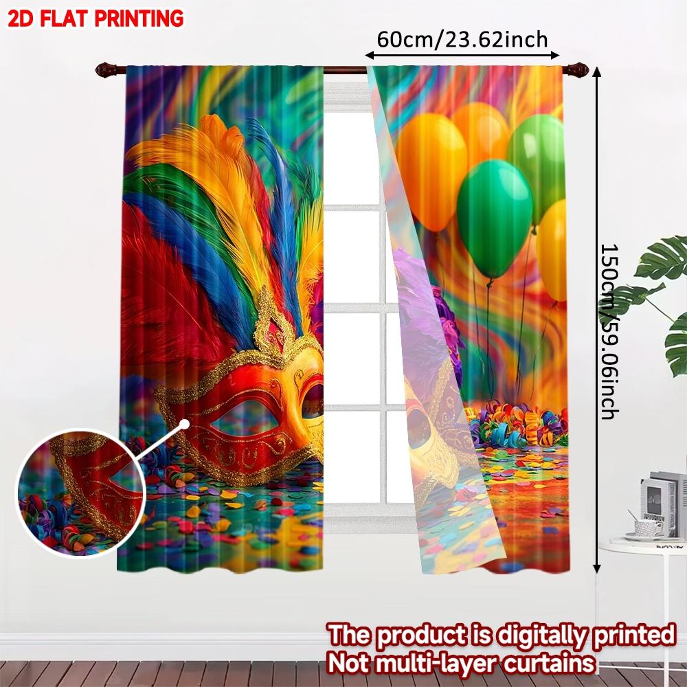 2D Flat Printing 2pcs Curtain Scene Curtains Carnival Masks and Balloons(1) Digital Printed Polyester Drapes Holiday Decorations