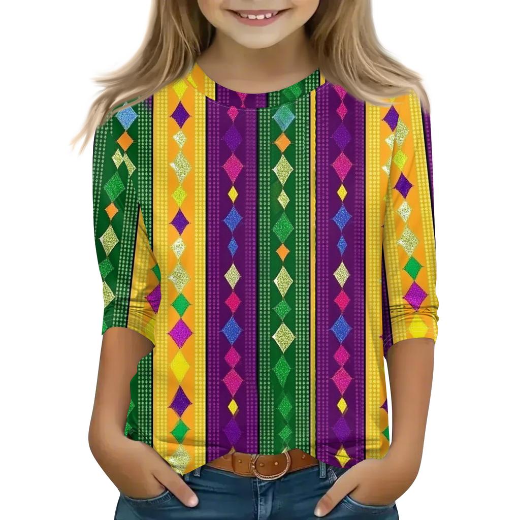 Print Tops For Youth Girls Round Neck 3/4 Sleeves T-Shirts Trendy Tops Outfit Tees