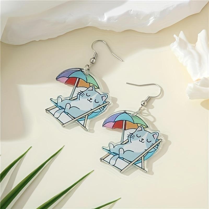 

Personality: hip-hop, acrylic, colorful, lying on a beach chair, umbrella, cat-shaped earrings, hooks, earrings різнокольоровий