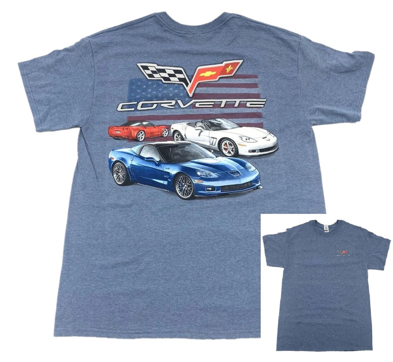 3XL Corvette T-Shirt - Light Blue w/ American Flag, Logo  3 Chevrolet Corvettes M