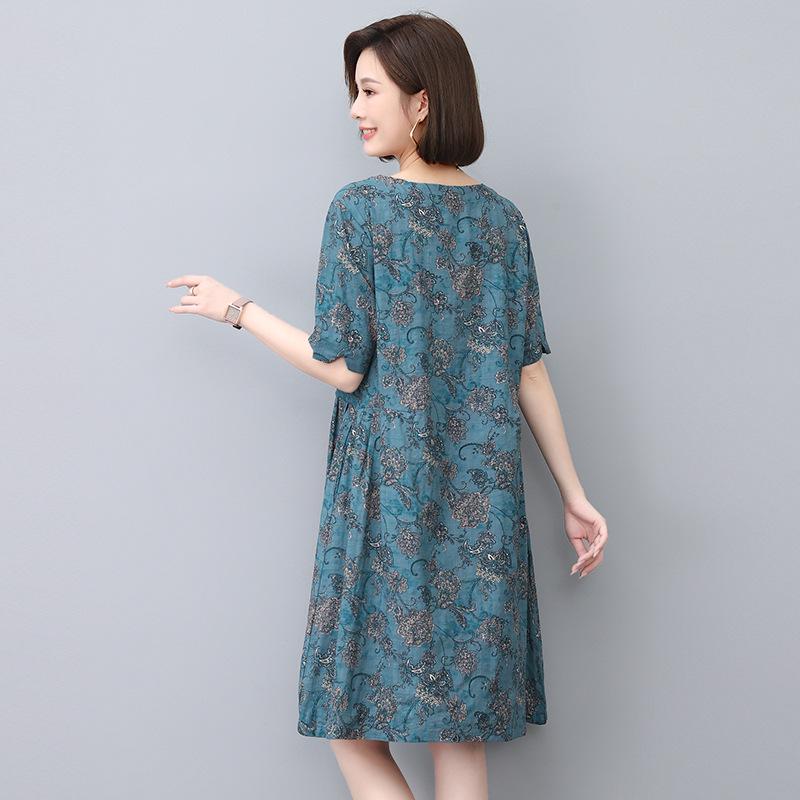 Floral Linen A-Line Dress for Women, 2024 Summer Collection – Elegant Slimming Style for Middle-Aged Mothers