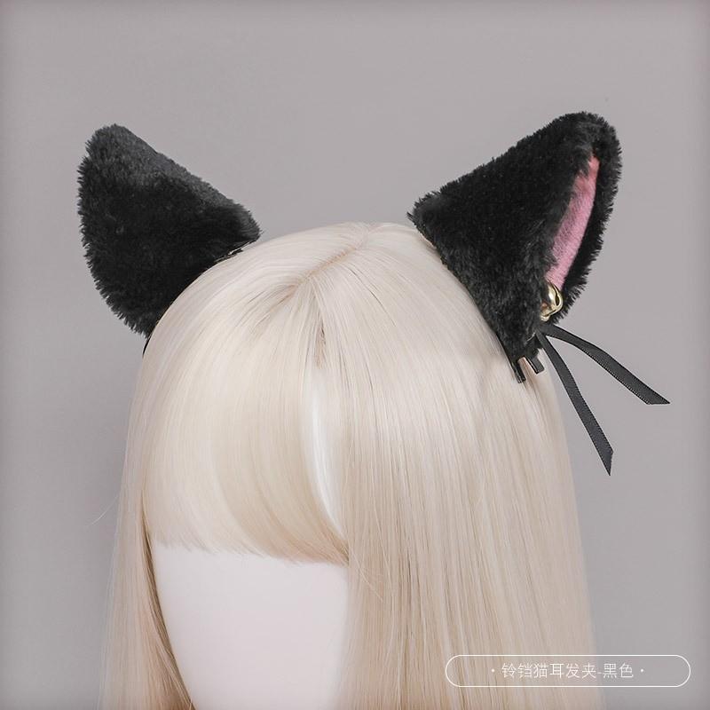 Cute Kawaii Cat Ear Hair Clips Set Girls - Soft Velvet Lolita Style Dual Clip Headwear Accessory In White Black Gray Pink