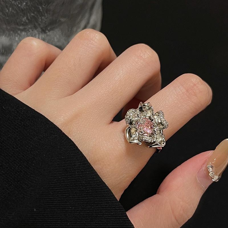 Heavy Industry Pink Diamond Ring Thick And Thin Stack Wearing Light Luxury Exquisite Rose Row Full Of Diamonds Zircon Sweet Fashion Open Ring