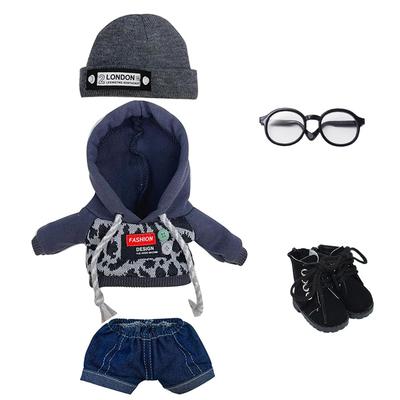 Niannyyhouse 20cm Stofftier Kleidung Hut Leopardenmuster Jacke Jeans Brille Schuhe Baumwollpuppe Anziehpuppe Zubehör (schwarz)