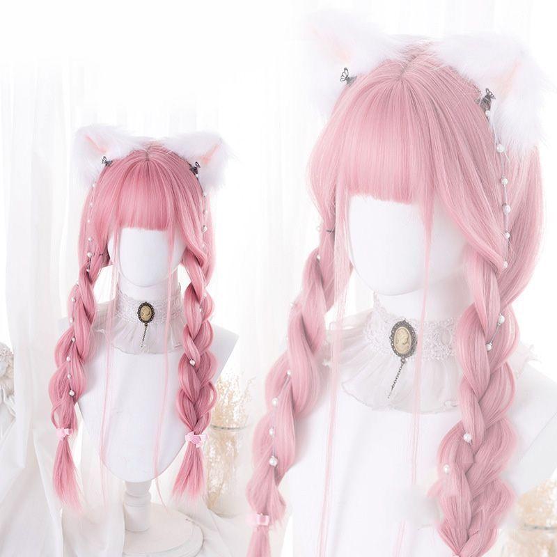 Pink Wine Red White Synthetic Long Straight Cosplay Lolita Harajuku Wig with Bangs Braided Halloween Wig for Women Daily Wear
