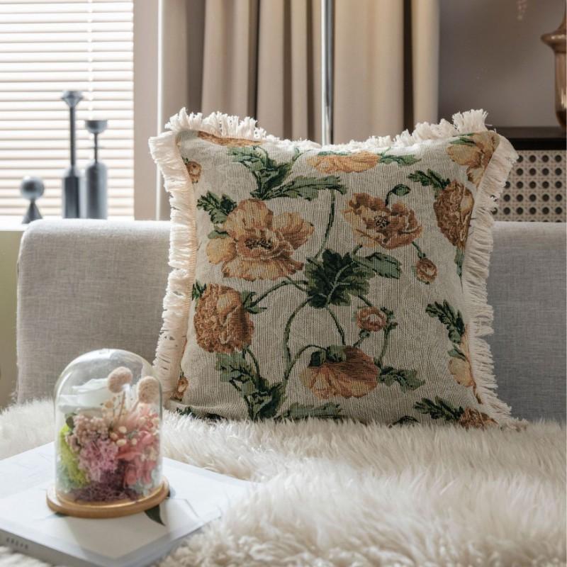 American Style Floral Jacquard Throw Pillow Cover With Tassel Trim Sofa Chair Bed Car Decor 45x45cm 60x60cm