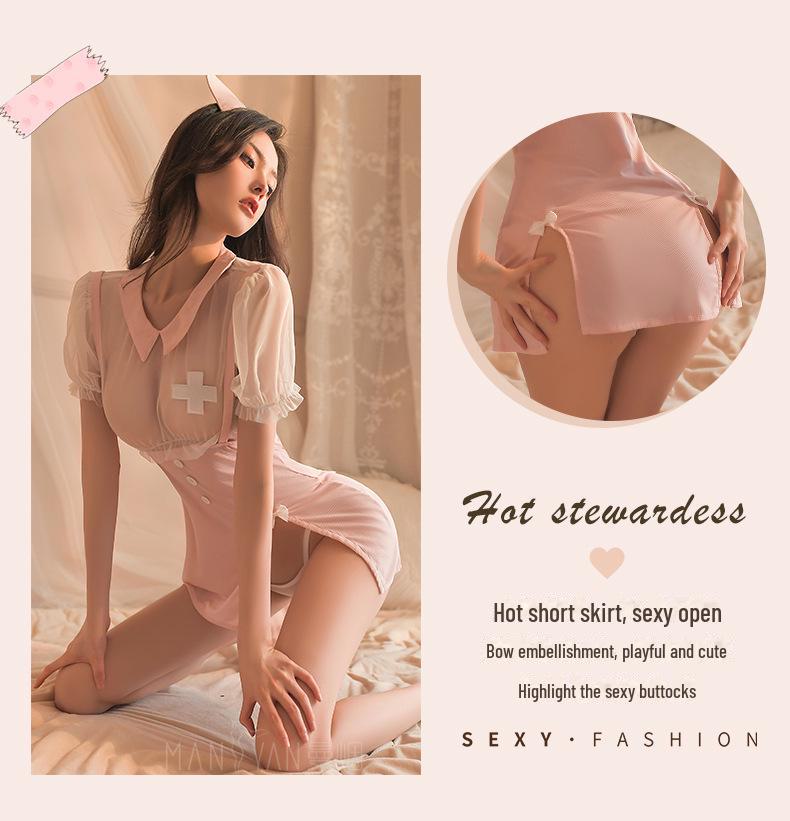 Manyan Sexy Lingerie: Sheer Soft Yarn Split Skirt & Cute Nurse Uniform Set 9040
