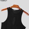 INCERUN Men Sleeveless See Through Hollow Bodysuits Mesh Patchwork Skinny Jumpsuits