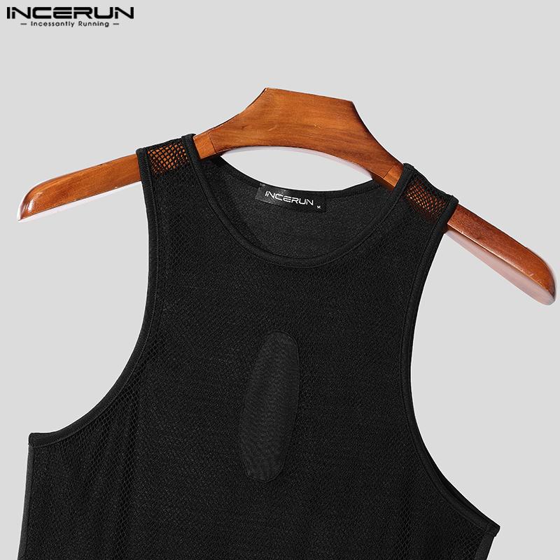 INCERUN Men Sleeveless See Through Hollow Bodysuits Mesh Patchwork Skinny Jumpsuits