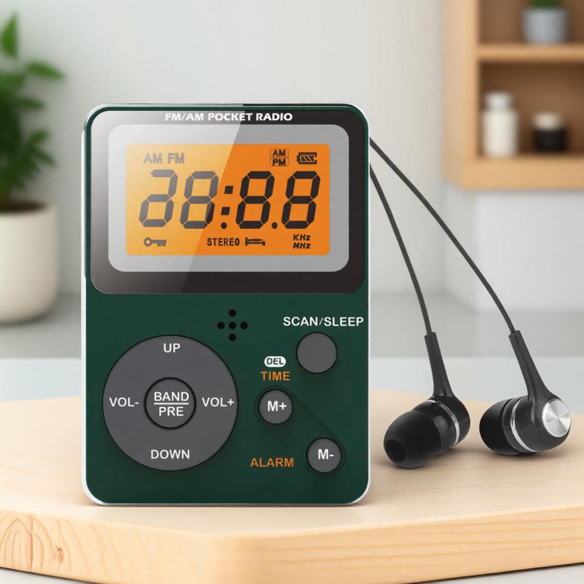 

Portable AM FM Radio Pocket LCD Screen Stereo Earphone Jack Sleep Timer Alarm Clock Outdoor зелёный